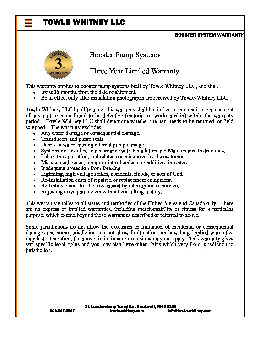 towle whitney warranty pdf
